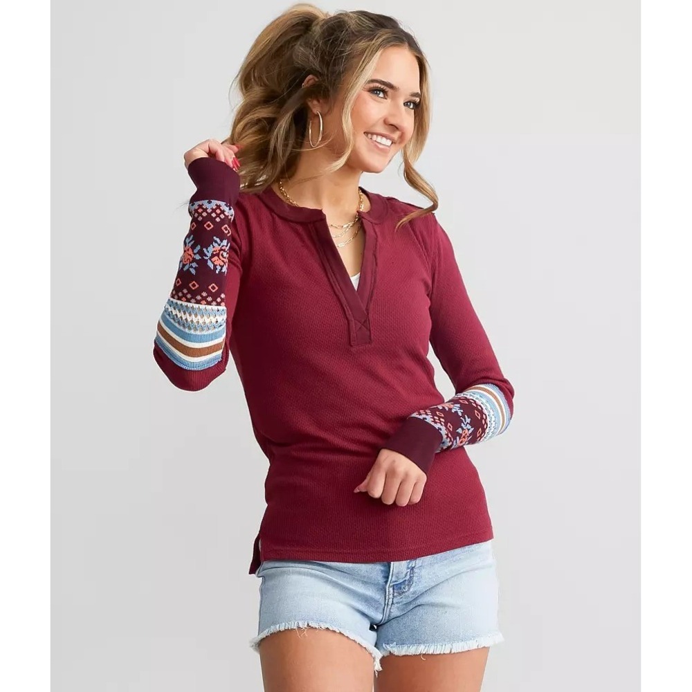 Free People Henley Long Sleeve Top Red Size XS Mikah Layering Thermal Cuff